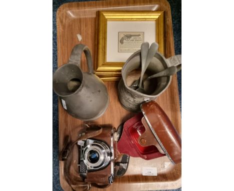 Tray of items to include: 19th century conical pewter pint jug by W. G. Edmonds of Dublin, together with another pewter tanka