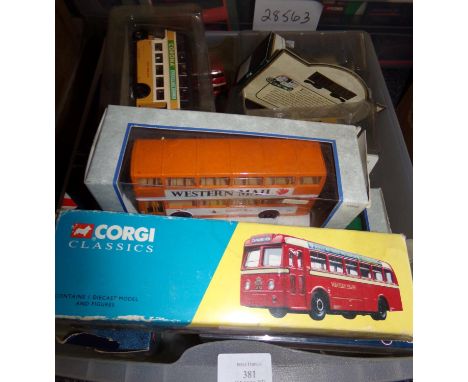 Box of Corgi and other diecast vehicles in original packaging, to include: Cardiff Metrobus, Corgi Classics Western Welsh Ley