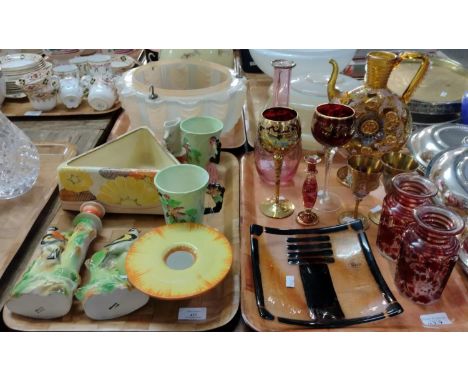 Two trays of items, one tray of china, to include: German porcelain bird design candlesticks, one broken (a/f), Royal Falconw