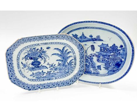 A Chinese blue and white export porcelain oval basin, Chen Lung, circa 1770, painted with a pagoda by a lake 32cm wide; a can