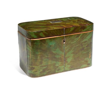 Y A George III green stained tortoise shell tea caddy, of gently domed rectangular form, the lid with applied silver plate op