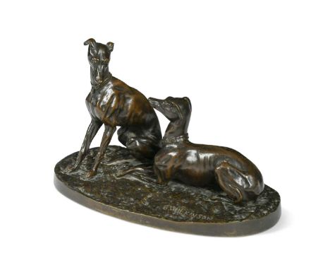 Charles Wilkinson (fl. 1860-1892), a bronze group of two Whippets,  one modelled seated, the other in lying, signed in the br