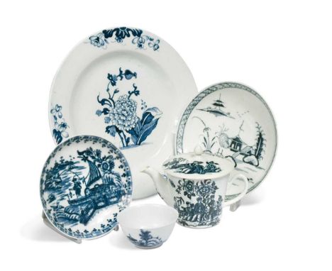 A collection of Liverpool blue and white porcelain, 18th century,  to include a Penningtons feeding cup and cover, painted wi