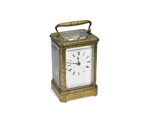 A French engraved case repeating carriage clock by Delolme, 19th century, gilt platform lever escapement, signed dial and bac