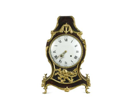 A French Louis XV style painted wood bracket clock with bracket, 19th century,  the waisted case with gilt metal mounts, larg