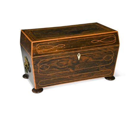 A rosewood sarcophagus tea caddy, 19th century,  the front with boxwood stringing below a crossbanded hinged lid, opening to 
