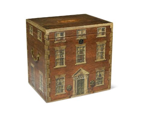 A folk art country house box, 19th century, later hand-painted on three sides to resemble a Georgian country house and a trom