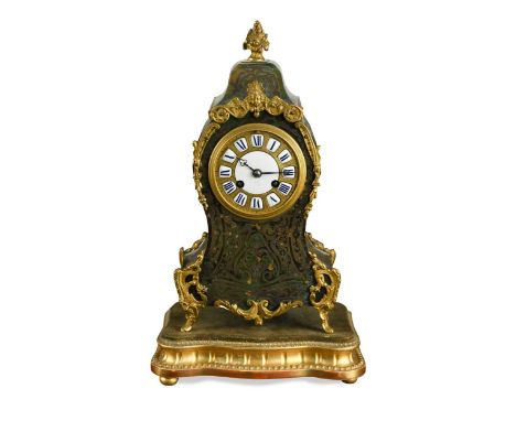 A French green Boulle case mantel clock, late 19th century,  gilt metal mounted, the waisted case with applied Roman numerals