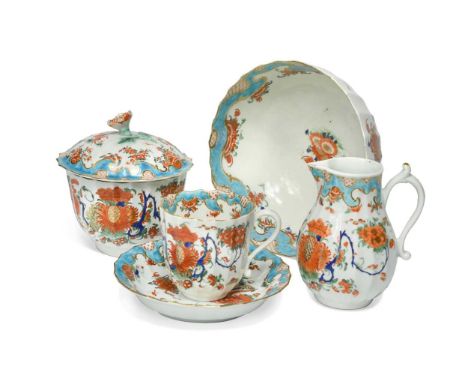 Items of Worcester Jabberwocky pattern tea wares, circa 1770, of fluted form, comprising a slop bowl 16.5cm diameter; a sucri