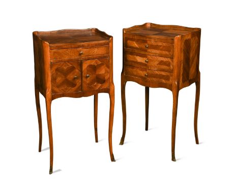 A pair of Louis XV style kingwood parquetry bedside cabinets, each with tray top and serpentine front, one with cupboard door