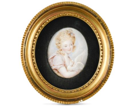 Circle of Richard Cosway RA (1742-1821)  Portrait miniature of Lady Catherine Powlet, daughter of the Duke of Bolton, holding