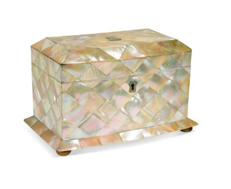 A late Regency mother-of-pearl tea caddy, circa 1835,   the bow fronted box with hinged cover opening to reveal an ivory fram
