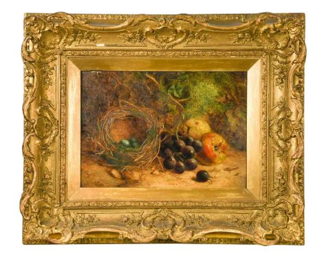 William Hughes (British, 1842-1901) Still life of a bird's nest and fruit before a mossy banksigned lower left 'WHughes' and 