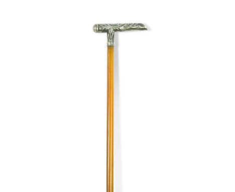 A silver coloured metal mounted rhino horn walking stick, circa 1910,  the handle cast with leaves68.5cm longNon-UK bidders a