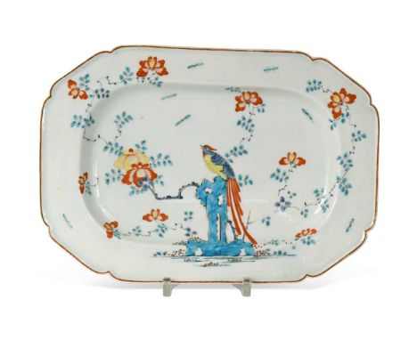 A Worcester Joshua Reynolds pattern canted rectangular plate, circa 1760, painted in Kakiemon style with a pheasant or ho-ho 