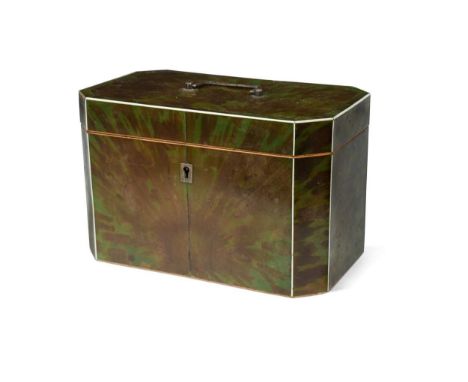 A George III green stained tortoise shell tea caddy, of canted rectangular form and inlaid with ivory stringing, with silver 