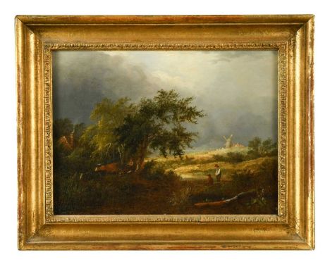 Norwich School (19th century) Anglers in a wooded landscape with windmill beyondoil on panel24 x 32cmPaintwork and panel in g