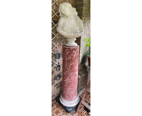 A white marble female bust length sculpture, in Art Nouveau style, late 19th century, her head leaning on her shoulder, on a 