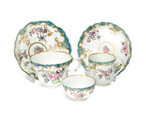 Items of Worcester Compagnie des Indes pattern  porcelain fluted tea wares, circa 1775, comprising two coffee cups and saucer