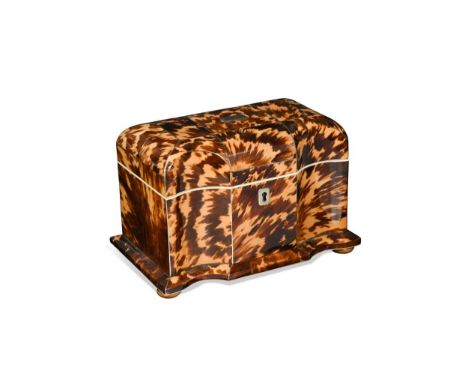 A George III tortoiseshell and ivory strung tea caddy, of serpentine form, the hinged lid with a rectangular cartouche engrav