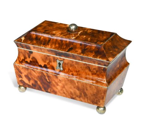A Regency tortoiseshell tea caddy,  of sarcophagus form, the hinged lid opening to reveal two lidded compartments with ivory 