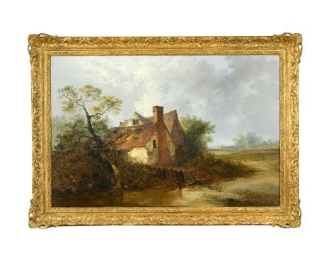 Edward Robert Smythe (British, 1810-1899) A cottage in a river landscape with distant church beyondsigned lower right 'E R Sm