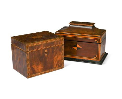 Two mahogany and inlaid tea caddies, 19th century, the first of sarcophagus form and inlaid with satinwood and ebony parquetr