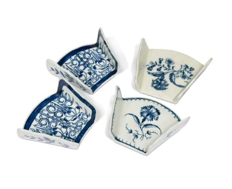 A pair of Worcester blue and white Royal Lilly pattern asparagus servers, circa 1775,  7cm high; and two similar Worcester bl