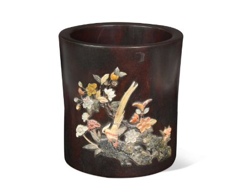 A Chinese brush pot 'bitong', of zitan type,  ivory, mother of pearl and hardstone inlaid with a pheasant amongst rocks and s