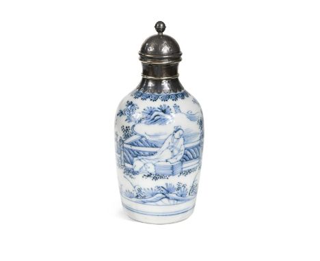 A Chinese blue and white porcelain vase, Kangxi,  painted with a scholar on a veranda, later silver mounted collar and cover1