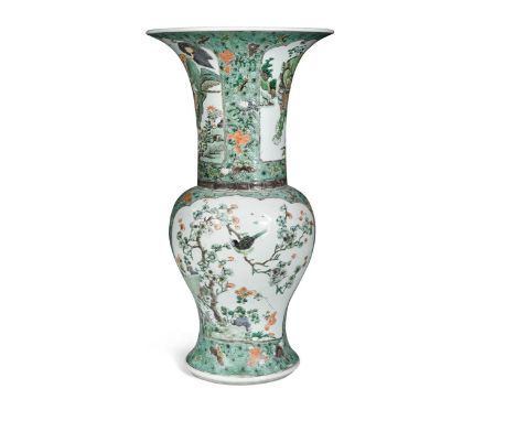 A large Chinese famille verte porcelain yen yen vase, Kangxi (1660 - 1722), decorated with panels of magpies and mythical ani