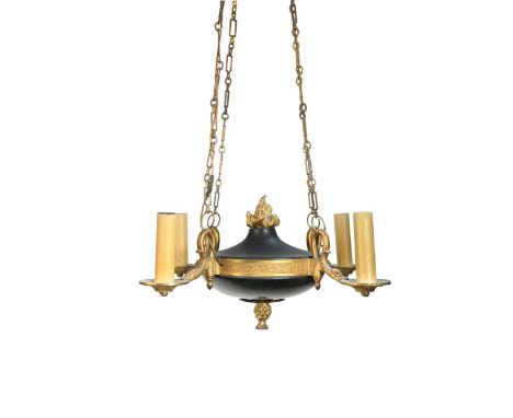 An Empire style four branch Colza type ceiling light,  the ebonised body with gilt metal mounts and a flame finial, the four 