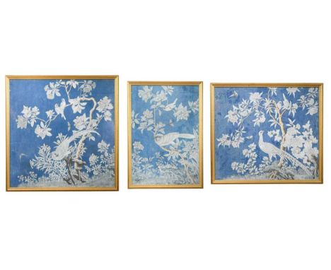 Three Chinese wallpaper panels, probably 18th century,  painted with birds perched on branches above rockworkthe largest 60 x
