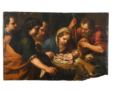 Italo-Netherlandish School (circa 1700) Adoration of the Shepherdsoil on panel, unframed28.5 x 43.5cmArea of damage/loss to t