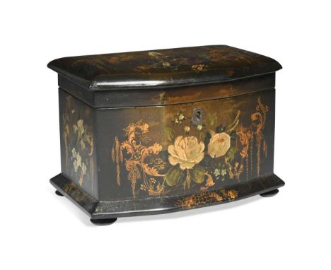 A Victorian papier-mâché tea caddy,  painted and gilded in the Chinoiserie taste, the hinged lid painted with a peacock among