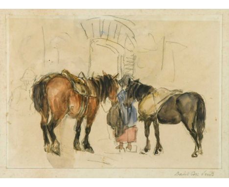 David Cox OWS (British, 1783-1859) Study of horses feedinginscribed 'David Cox Senr.'watercolour and pencil17 x 23.5cmStainin