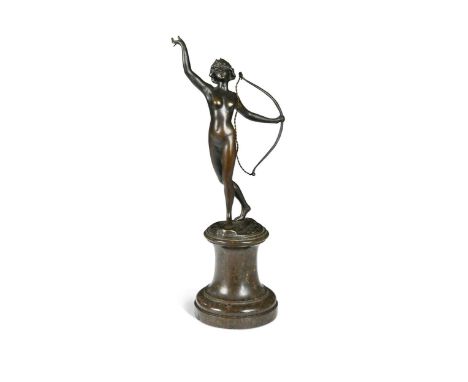 Franz Iffland (1862-1933), a bronze model of Diana the Huntress,  mounted to a turned marble pedestal base, signed in the bro