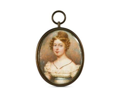 English School (early 19th century) Portrait miniature of a lady in a white dress with her hair in ringletsplaited hair to ve
