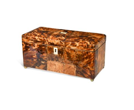 A tortoiseshell and ivory mounted tea caddy, 19th century, of rectangular form, the hinged lid opening to reveal twin pewter 