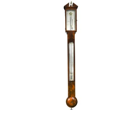 A mahogany stick barometer, 19th century, the broken pediment above silvered register signed 'Morris, London', with hinged gl