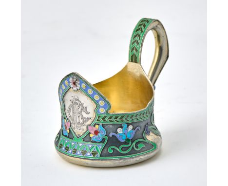 Khlebnikov, Moscow, 1899-1908In the form of a kovsh, with a raised prow and loop handle, the front centering a monogram, enam