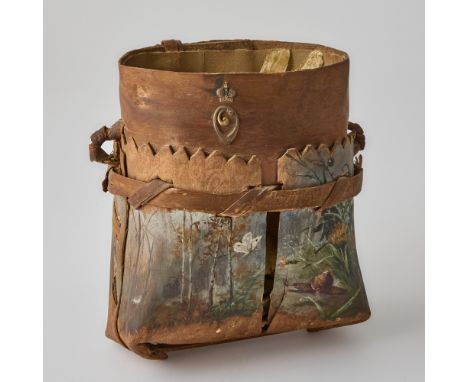 Circa 1912-14The cylindrical bark basket with silk lining, the exterior applied with the crowned cypher of Grand Duchess Olga