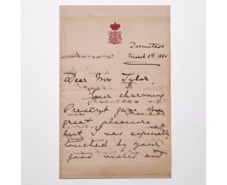 Auotgraph letter, three sides, Darmstadt, dated March 8, 1884, signed "Ella of Hesse," to Mrs. Tylor, saying: "Your charming 