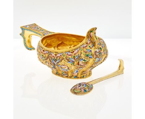 Maria Semenova, Moscow, 1899-1908Of typical form, with lobed bowl, raised prow and hook handle, enameled with varicolored sha
