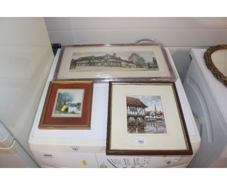 A print depicting Lavenham Suffolk; a watercolour study depicting Ipswich by R Siger etc