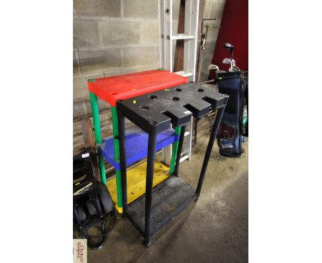 A plastic three tier shelf and a plastic tool stand