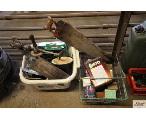 A tub containing various tools to include hand drill, clamp, and a further crate of various screws and fixings etc.