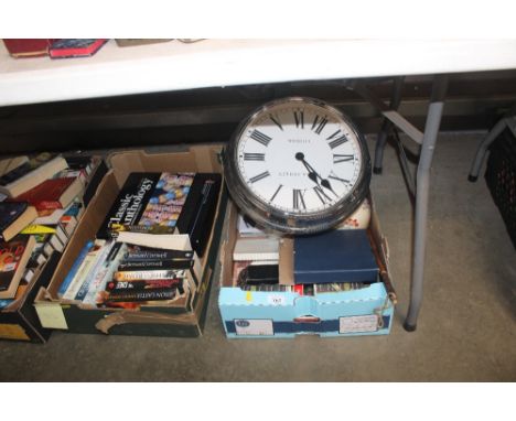 A box containing a Laura Ashley wall clock; place mats; cassette player; hip flask; ginger jar and cover; various cutlery etc