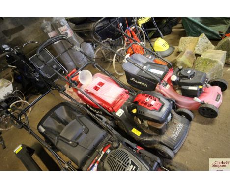 A Mountfield self propelled garden lawn mower with spare grass collection box; two red plastic fuel cans with a RN55ohp 160cc