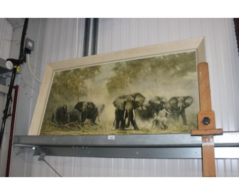 A large framed print, after David Shepherd "Elephants at Amboseli"